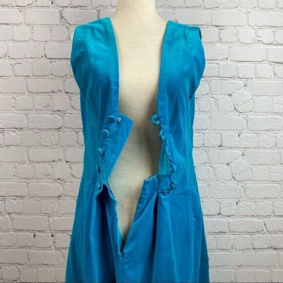 Vintage 60s Turquoise Velvet Button Front Sleeveless Dress - Picture 8 of 8